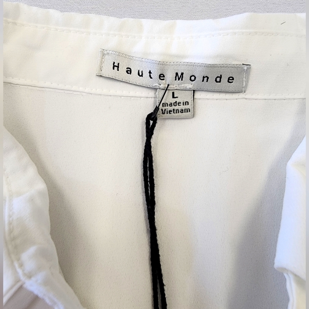 NWT Haute Monde Women's White Ruffled Sheer Button Front Blouse Shirt Top, sz LG - Picture 5 of 12